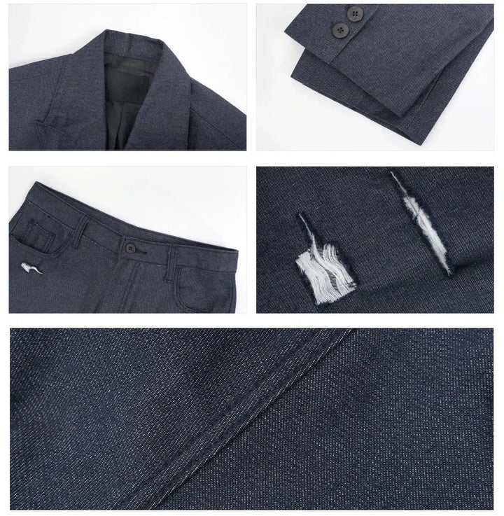 Chambray Blazer & Wide-Leg Pants Denim Suit