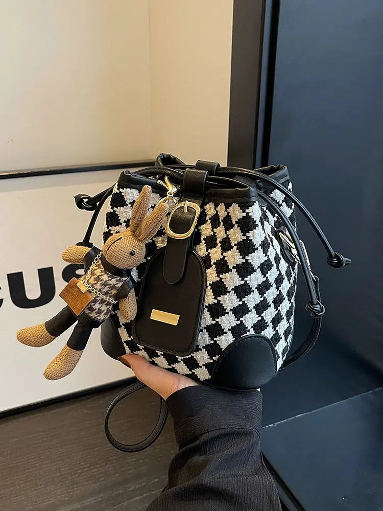 Checkered Handwoven Bucket Bag