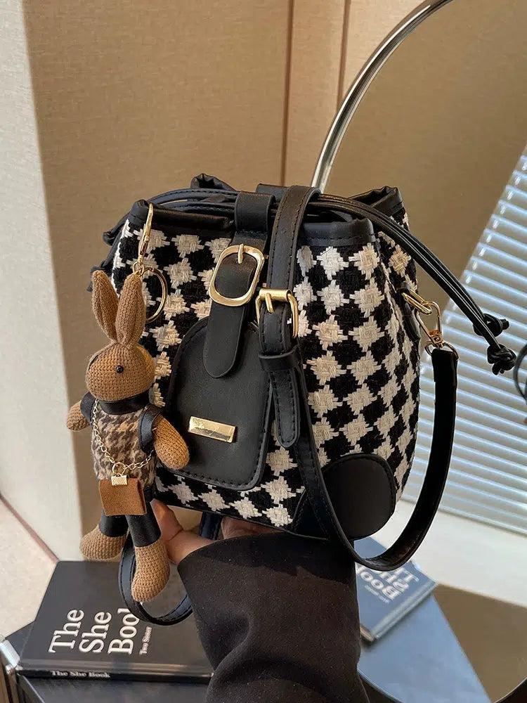 Checkered Handwoven Bucket Bag