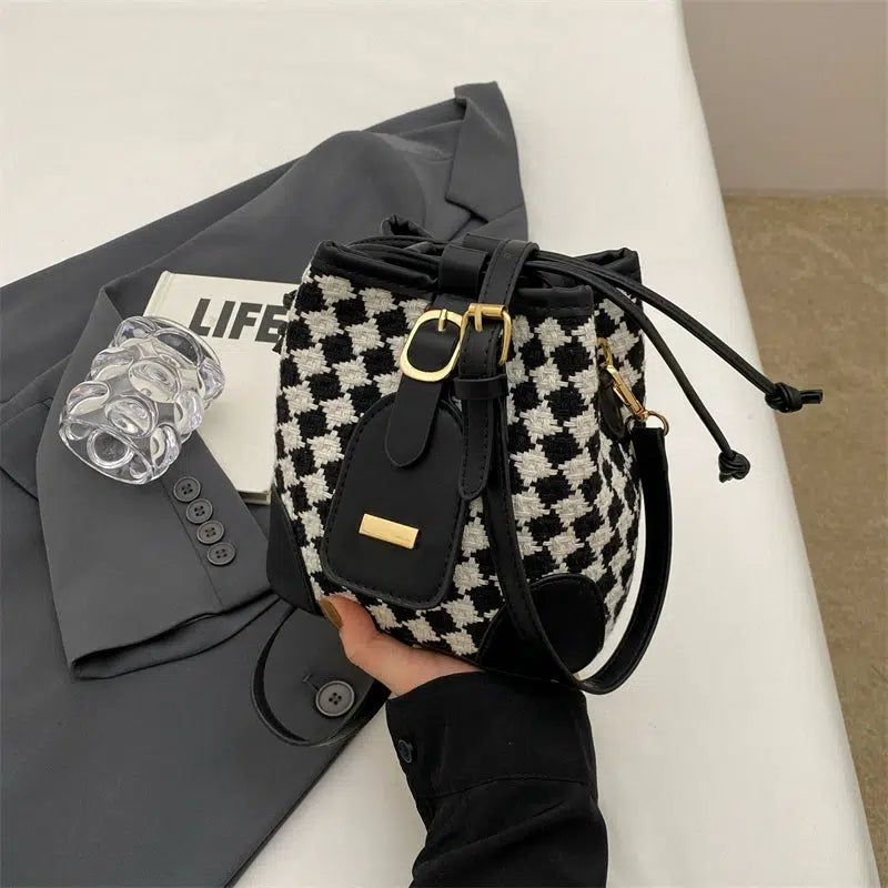 Checkered Handwoven Bucket Bag
