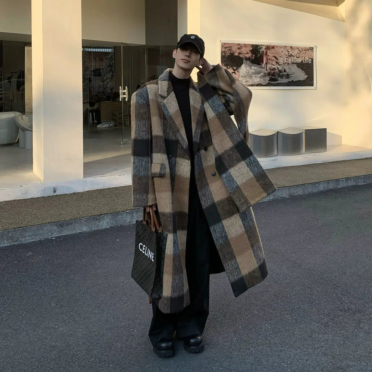 Checkered Wool Coat with Scarf