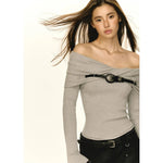Chic Off-Shoulder Knit Top with Belted Waist