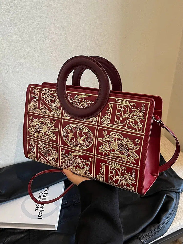 Circular Handles Embroidered Handbag