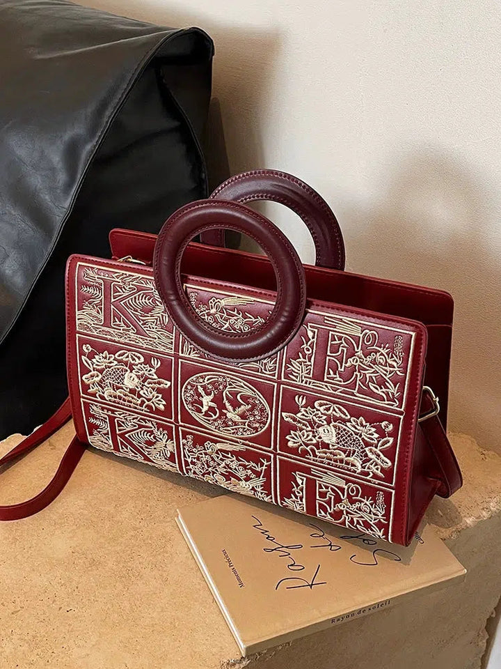 Circular Handles Embroidered Handbag