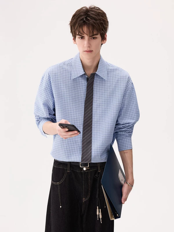 Plaid Long-Sleeve Shirt with Faux Tie 3