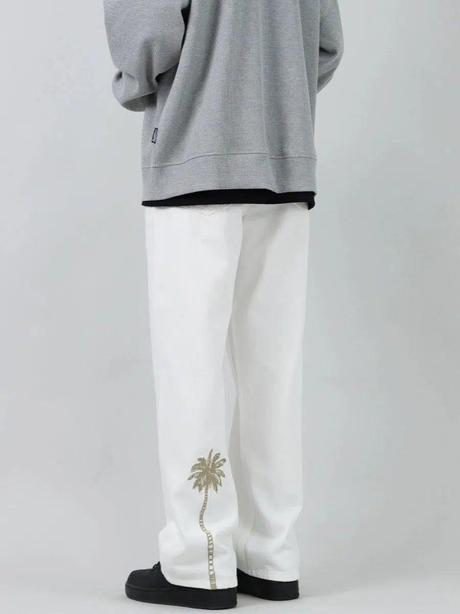 Coconut Tree Embroidered Straight-leg Jeans
