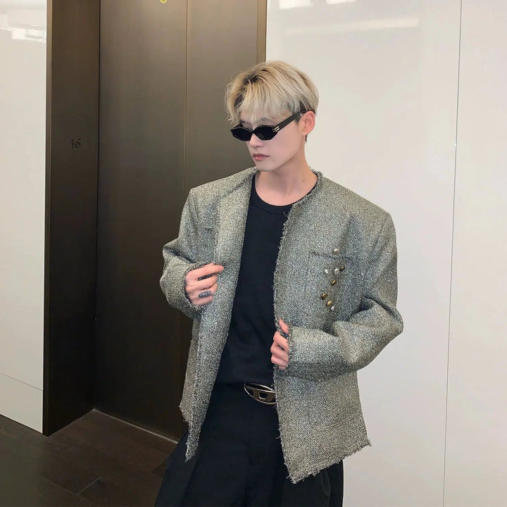 Collarless Button Tweed Jacket