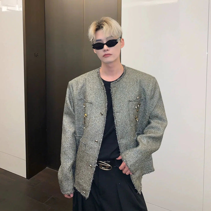 Collarless Button Tweed Jacket