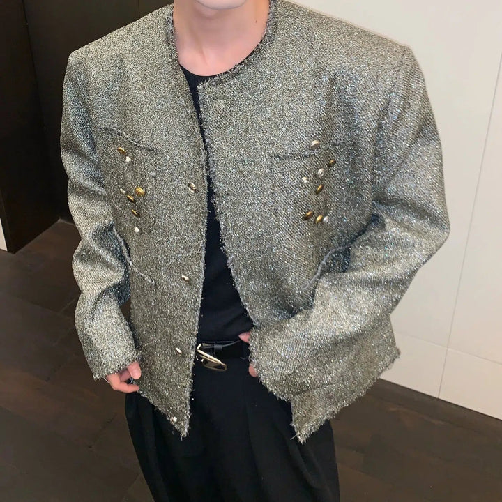 Collarless Button Tweed Jacket