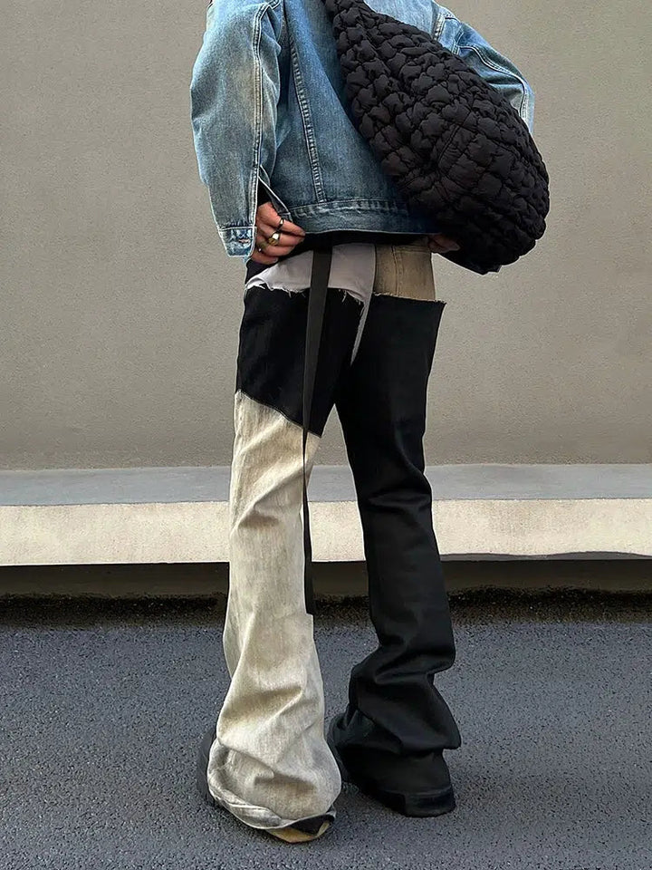 Color Block Denim Flared Pants