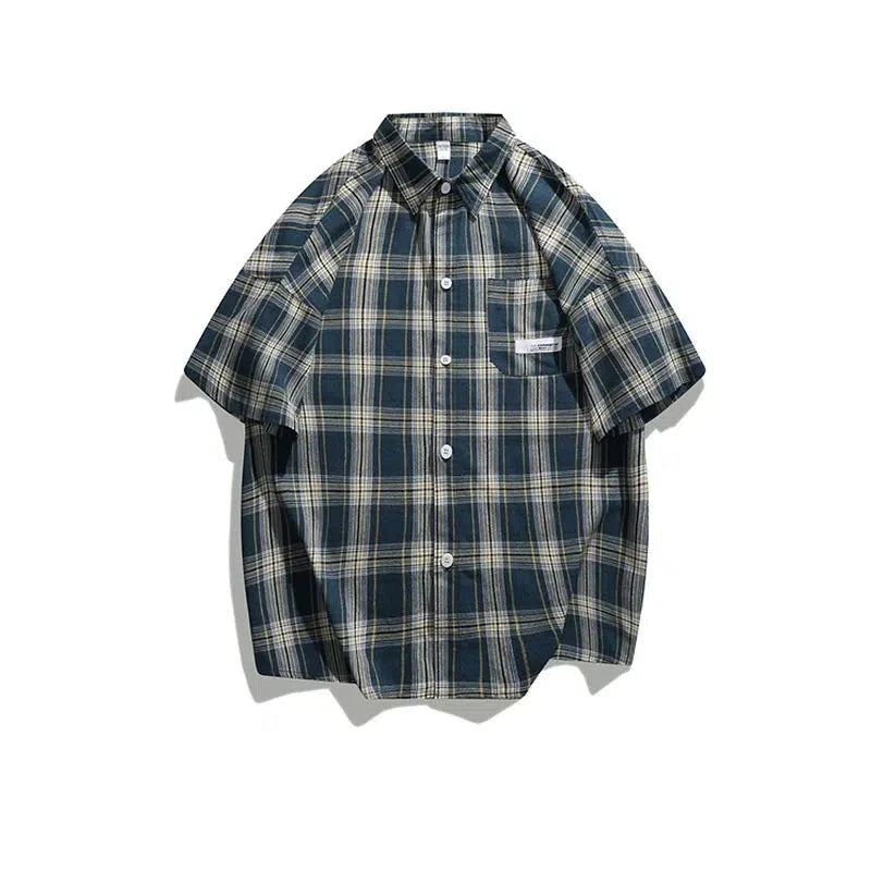 Color-blocked Plaid Short Sleeve Shirt