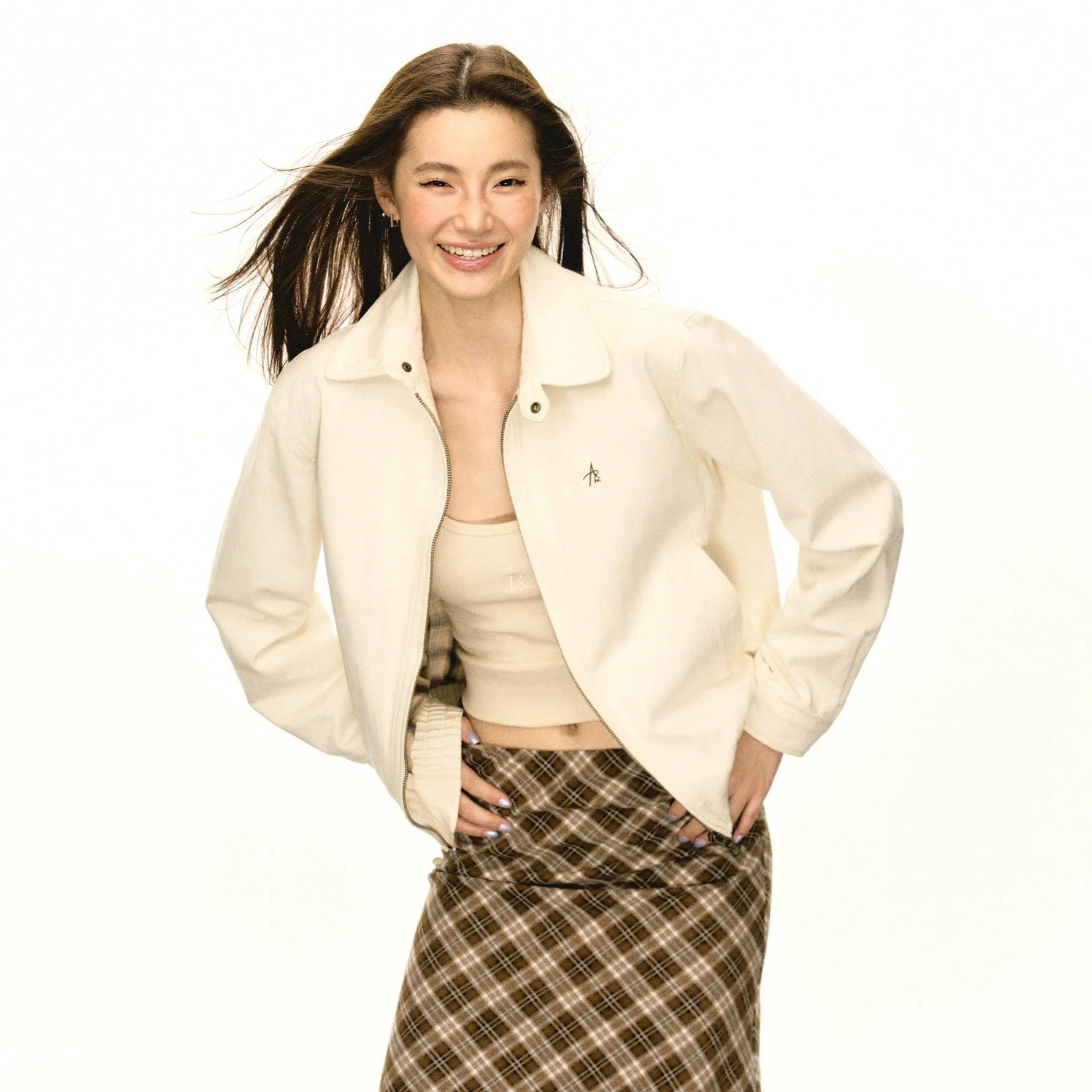 Contemporary Short Zip-Up Coat with Stand Collar and Side Pockets