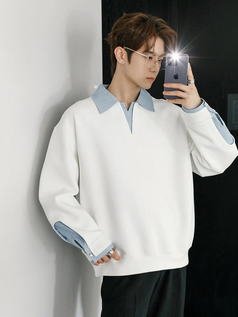Contrast Color Lapel Sweatshirt