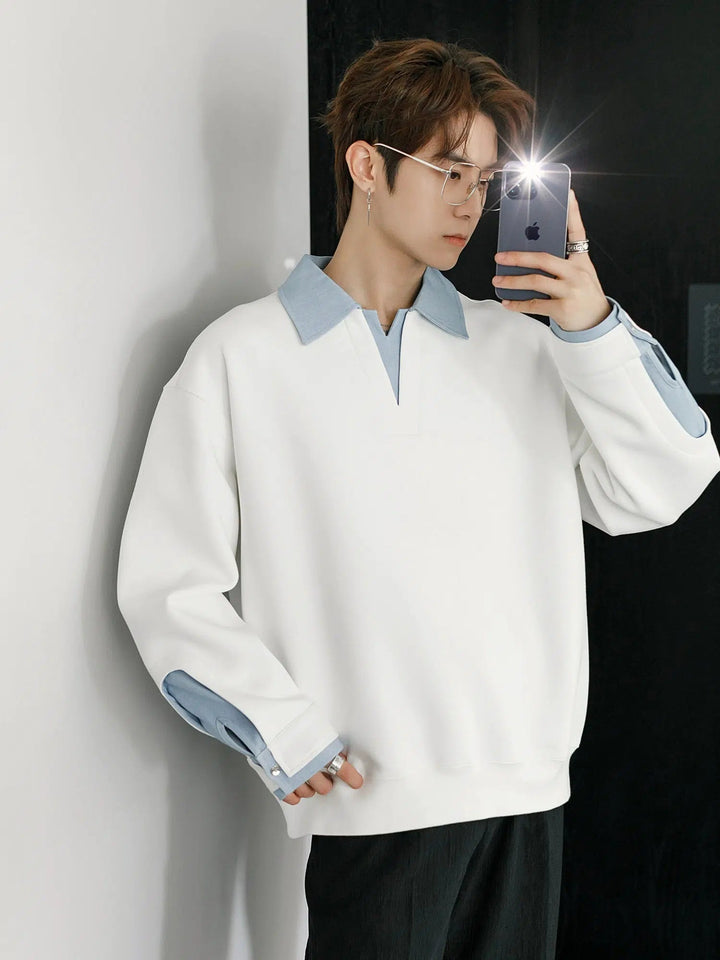 Contrast Color Lapel Sweatshirt
