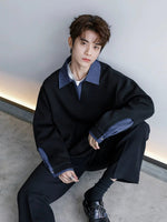 Contrast Color Lapel Sweatshirt