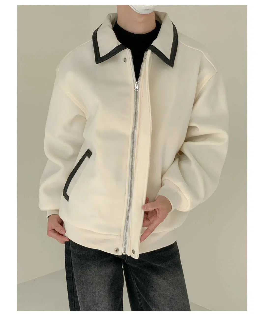 Contrast Color PU Leather Collar Wool Jacket