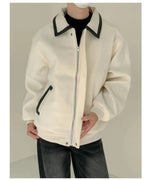 Contrast Color PU Leather Collar Wool Jacket