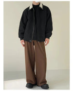 Contrast Color PU Leather Collar Wool Jacket