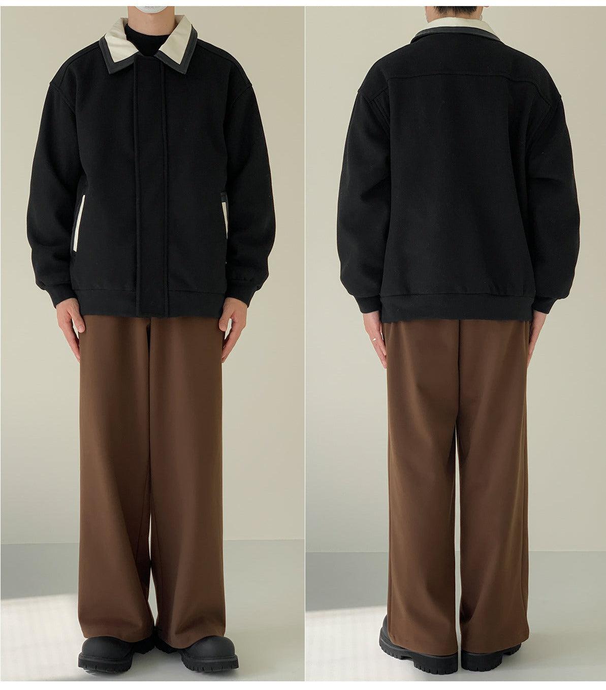 Contrast Color PU Leather Collar Wool Jacket