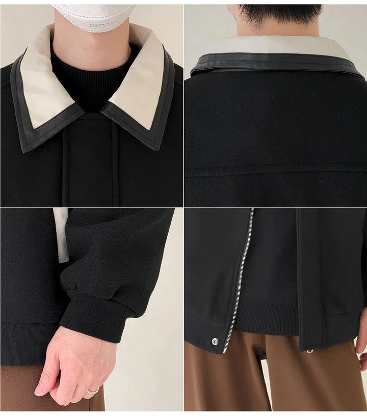 Contrast Color PU Leather Collar Wool Jacket