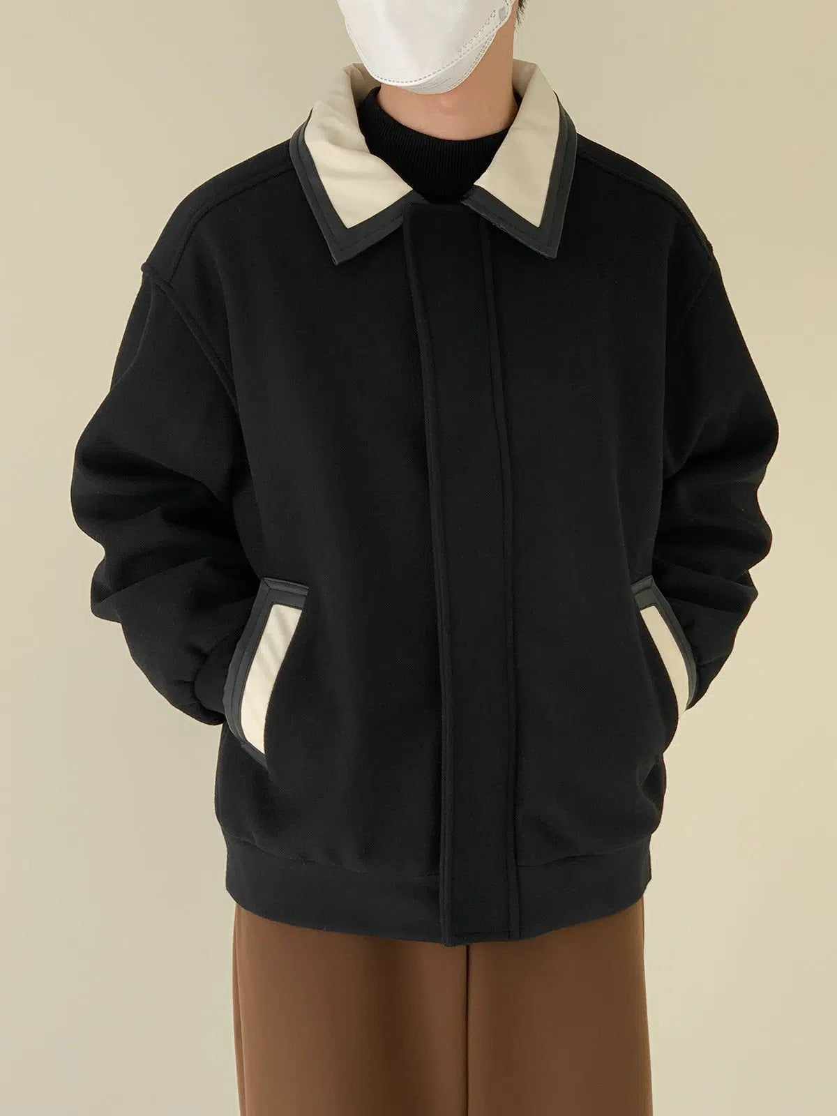 Contrast Color PU Leather Collar Wool Jacket