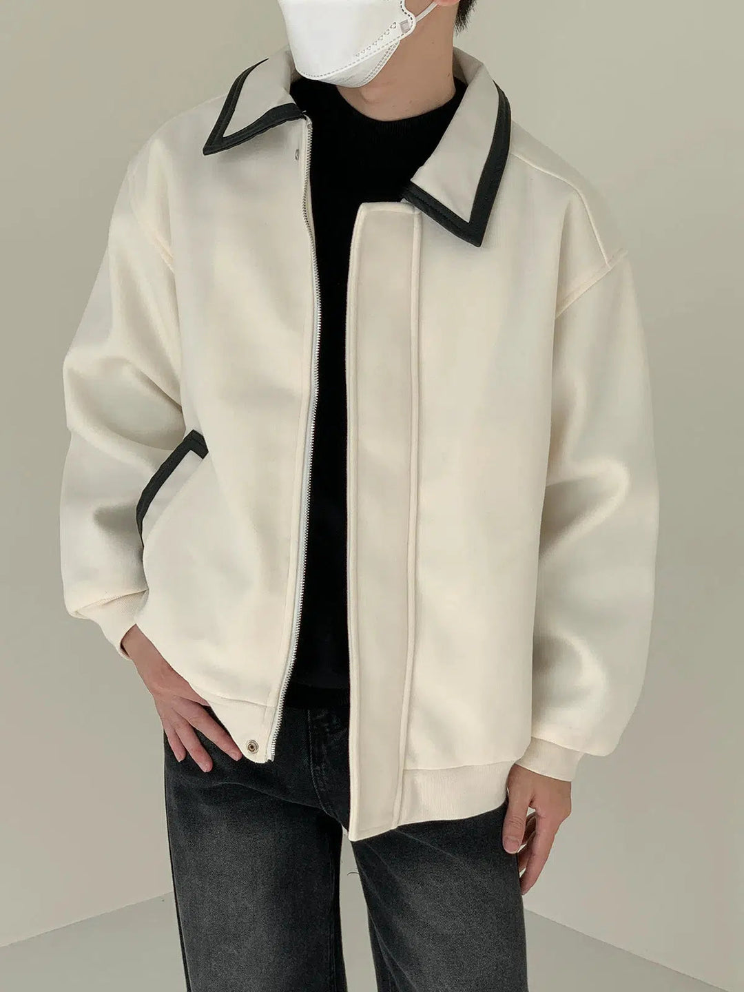 Contrast Color PU Leather Collar Wool Jacket