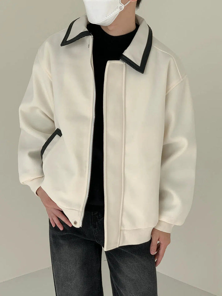 Contrast Color PU Leather Collar Wool Jacket