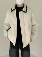 Contrast Color PU Leather Collar Wool Jacket