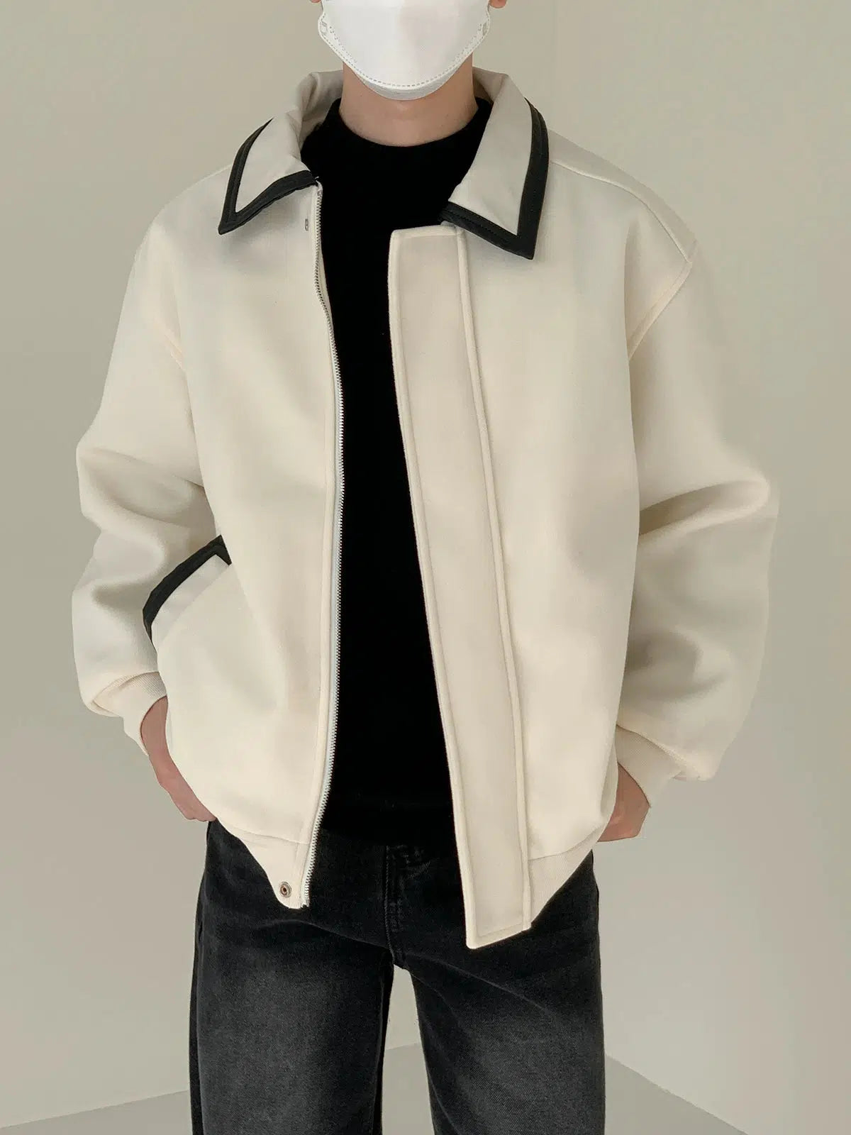 Contrast Color PU Leather Collar Wool Jacket