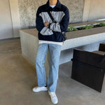 Contrast Color Polo Collar Sweatshirt