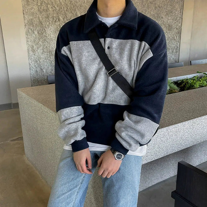 Contrast Color Polo Collar Sweatshirt