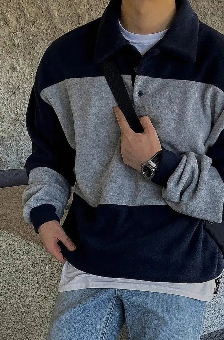Contrast Color Polo Collar Sweatshirt