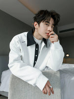 Contrast Color Polo Neck Knit Pullover