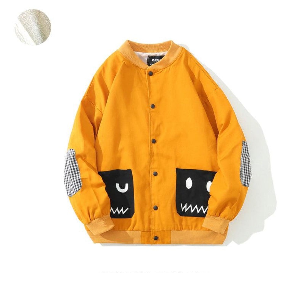 Contrasting Color Cartoon Pocket Baseball Jacket