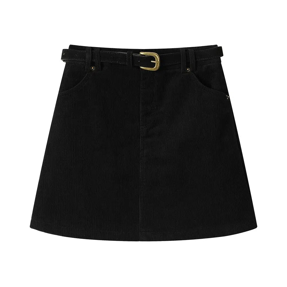 Corduroy A-Line Skirt with Belt
