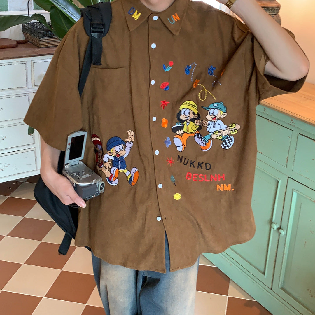 Corduroy Cartoon Embroidered Shirt