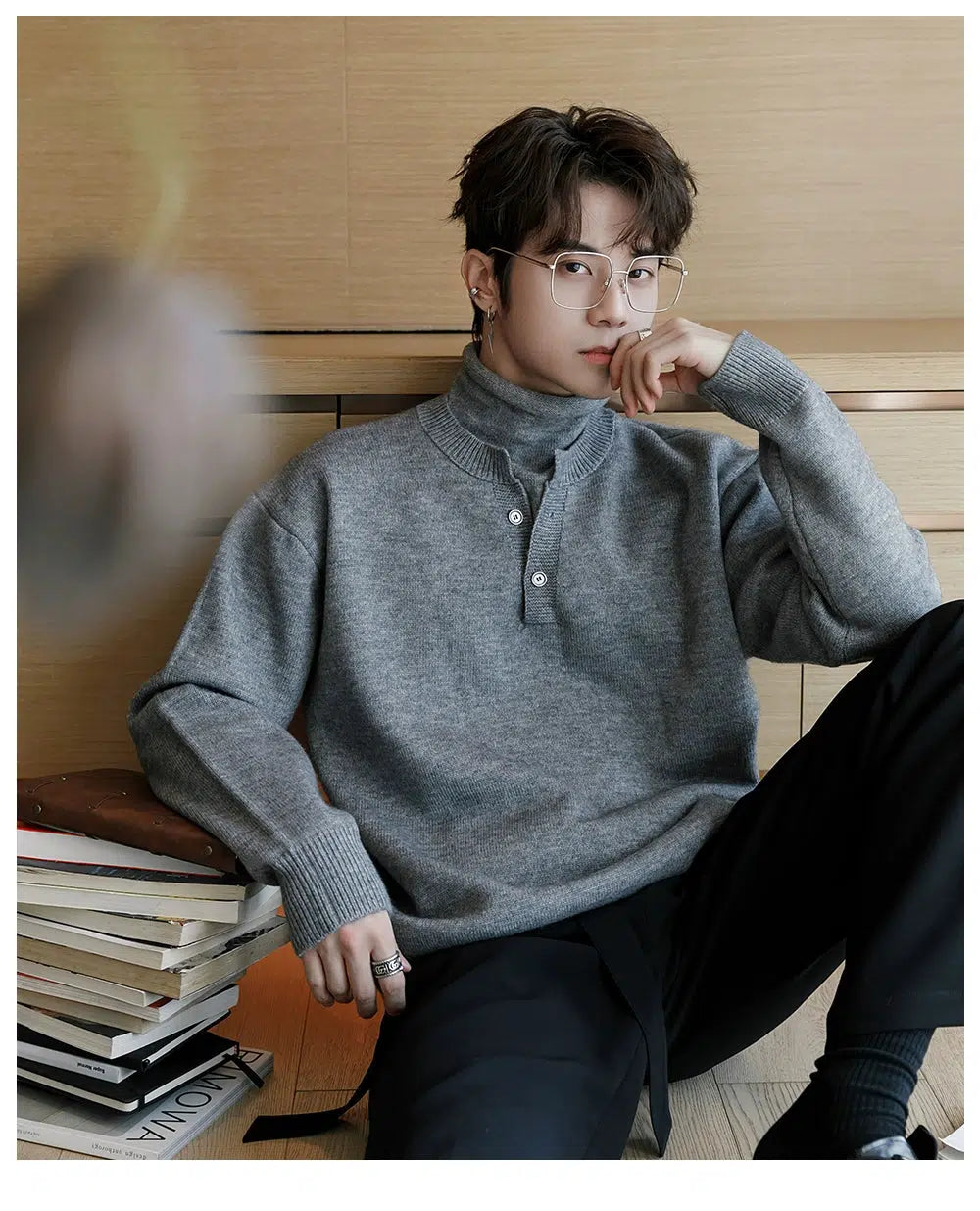 TKF5 Cozy Turtleneck Knit Sweater Dark Gray XL