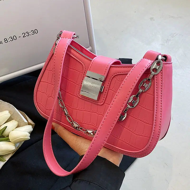 Croc-Texture Chain Strap Shoulder Bag