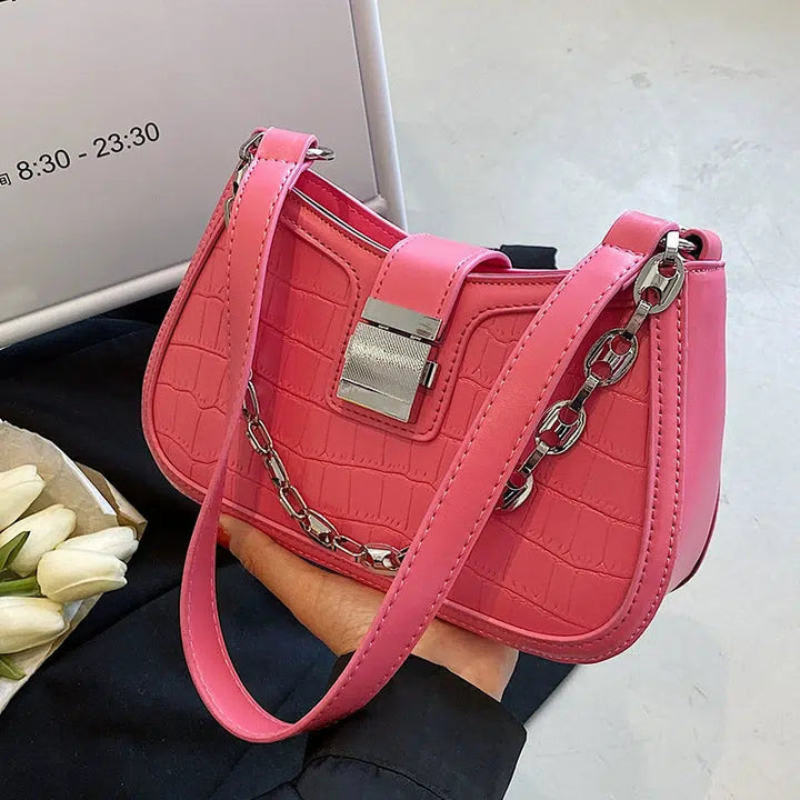 Croc-Texture Chain Strap Shoulder Bag
