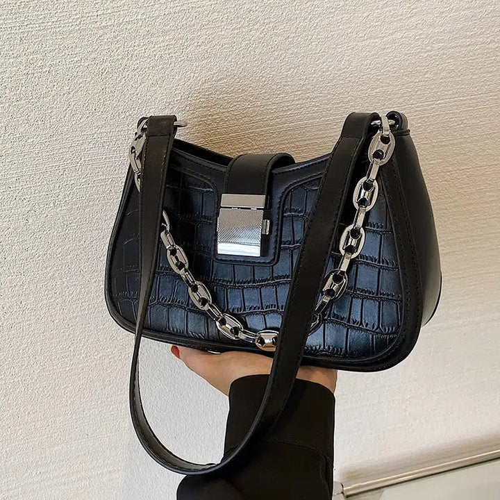 Croc-Texture Chain Strap Shoulder Bag