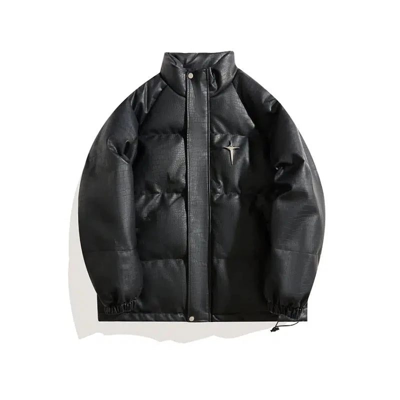 Croc-print Padded Cotton Leather Jacket