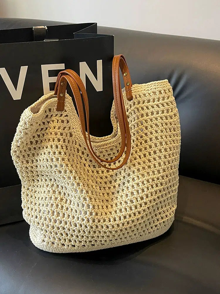 Crochet Leather Straps Bucket Bag