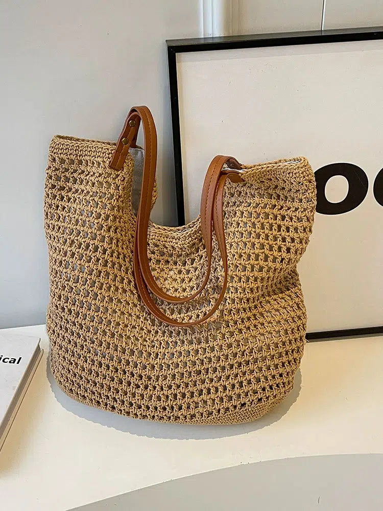 Crochet Leather Straps Bucket Bag