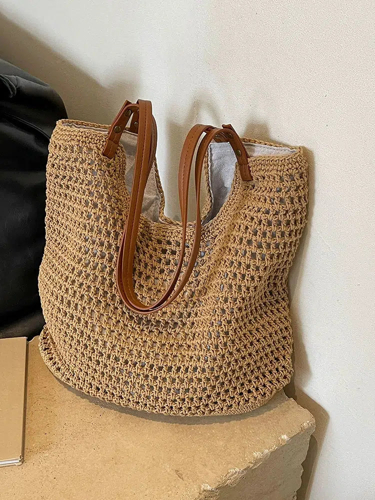 Crochet Leather Straps Bucket Bag