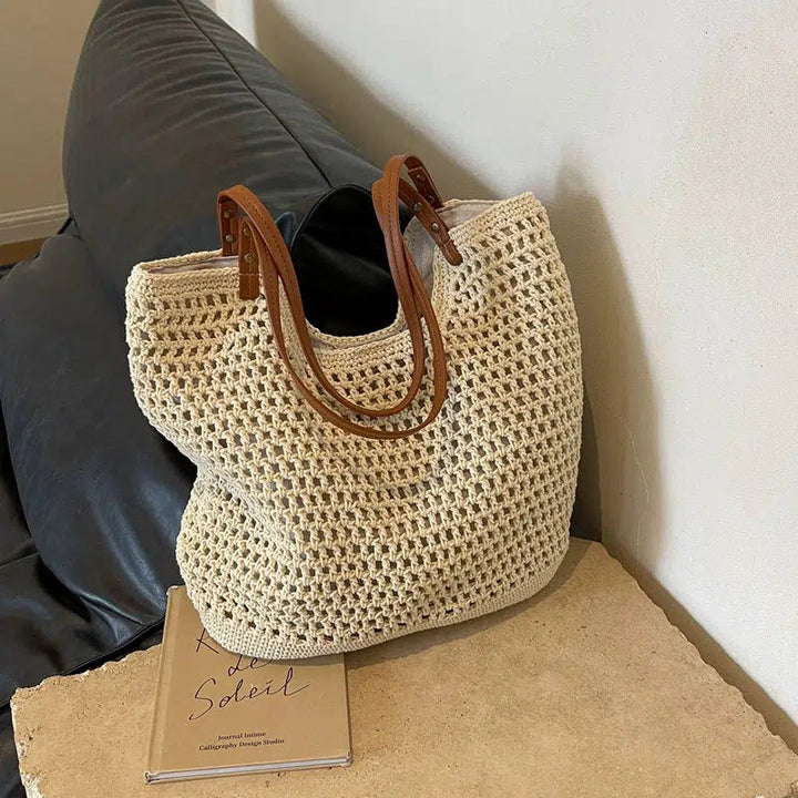 Crochet Leather Straps Bucket Bag