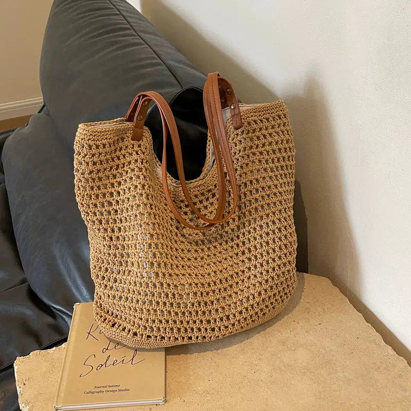 Crochet Leather Straps Bucket Bag