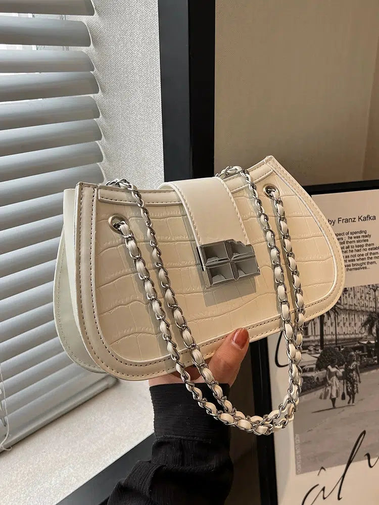 Crocodile-embossed Chain Shoulder Bag
