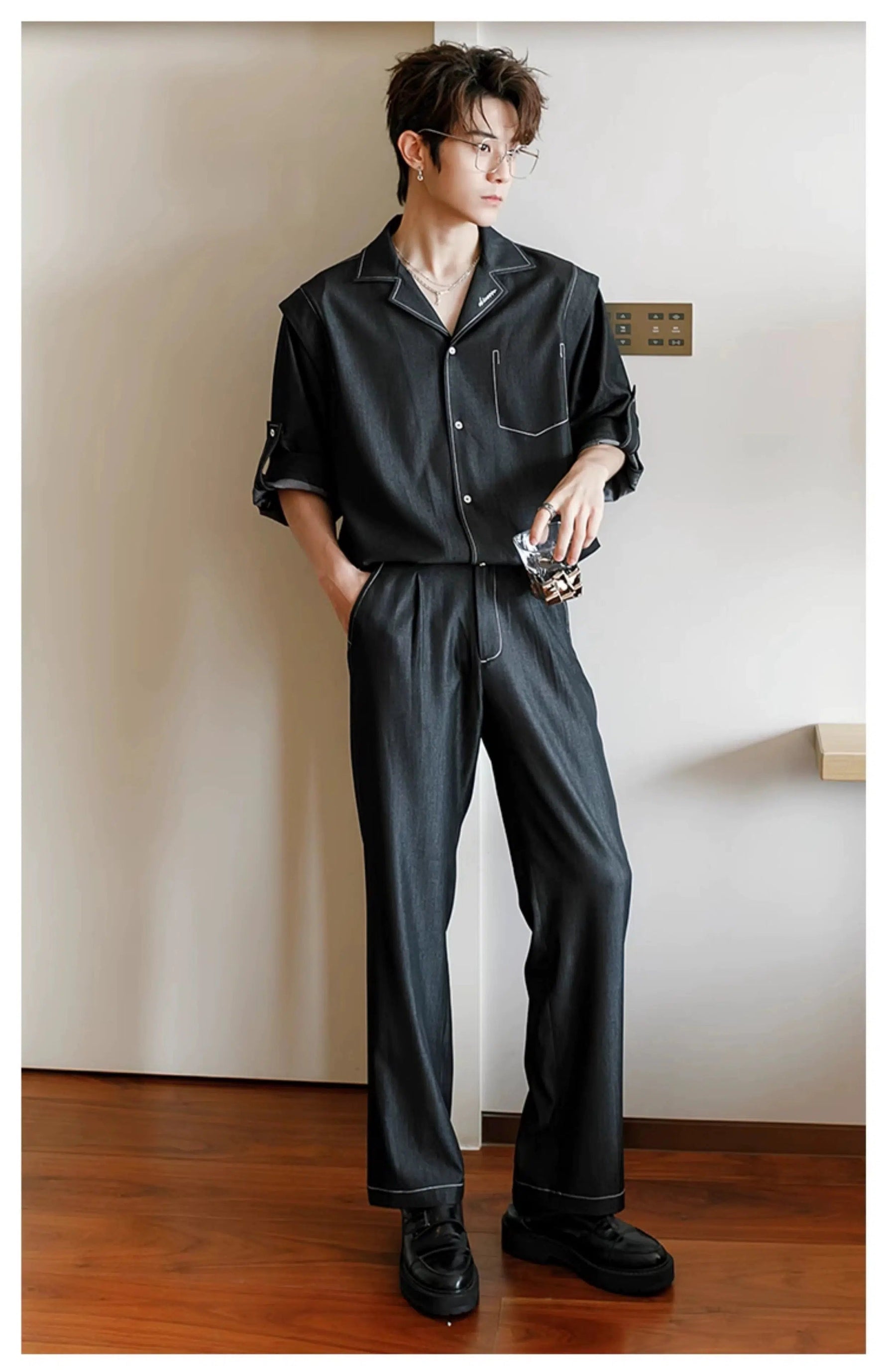 Cuban Collar Denim Shirt & Jeans Two-piece Set