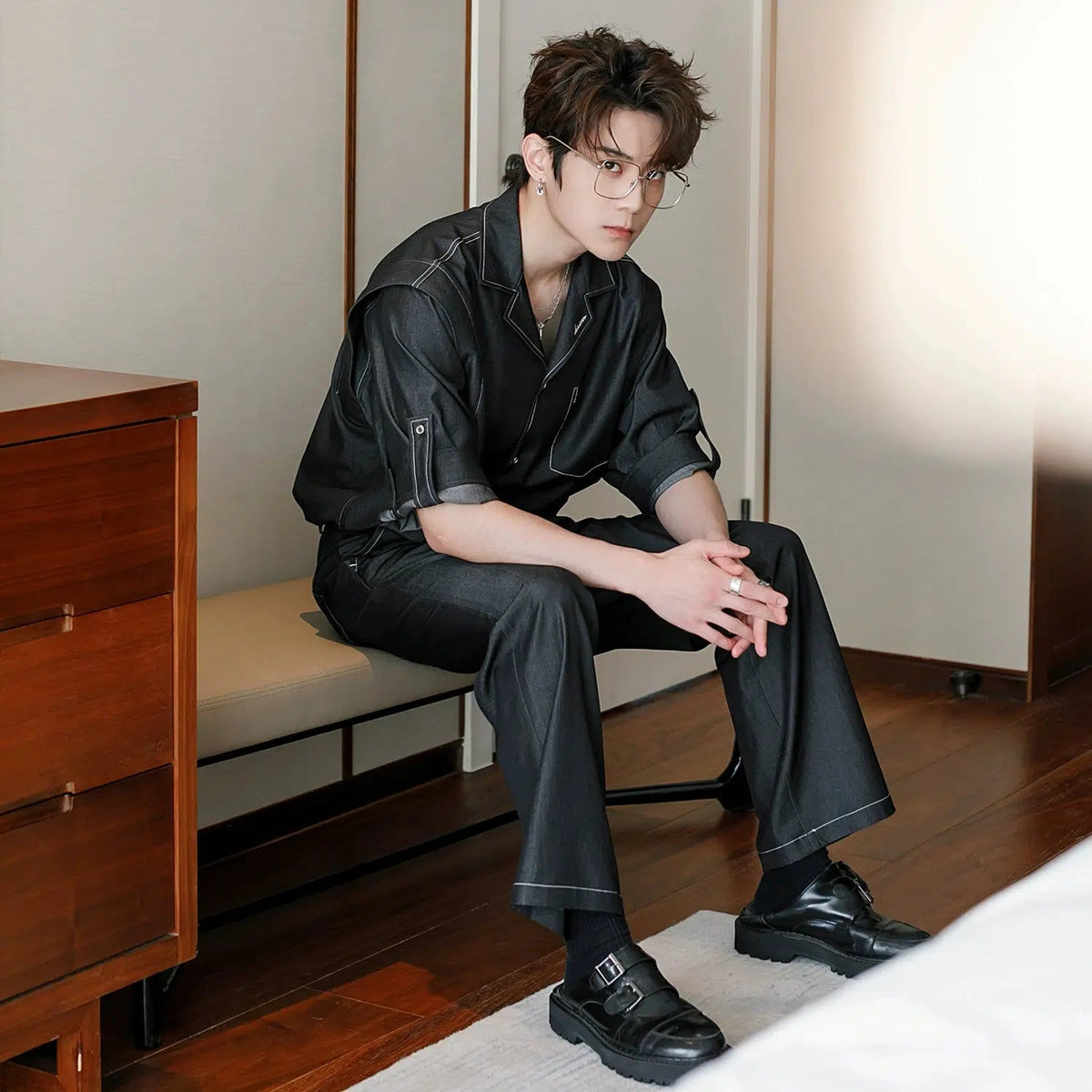 Cuban Collar Denim Shirt & Jeans Two-piece Set