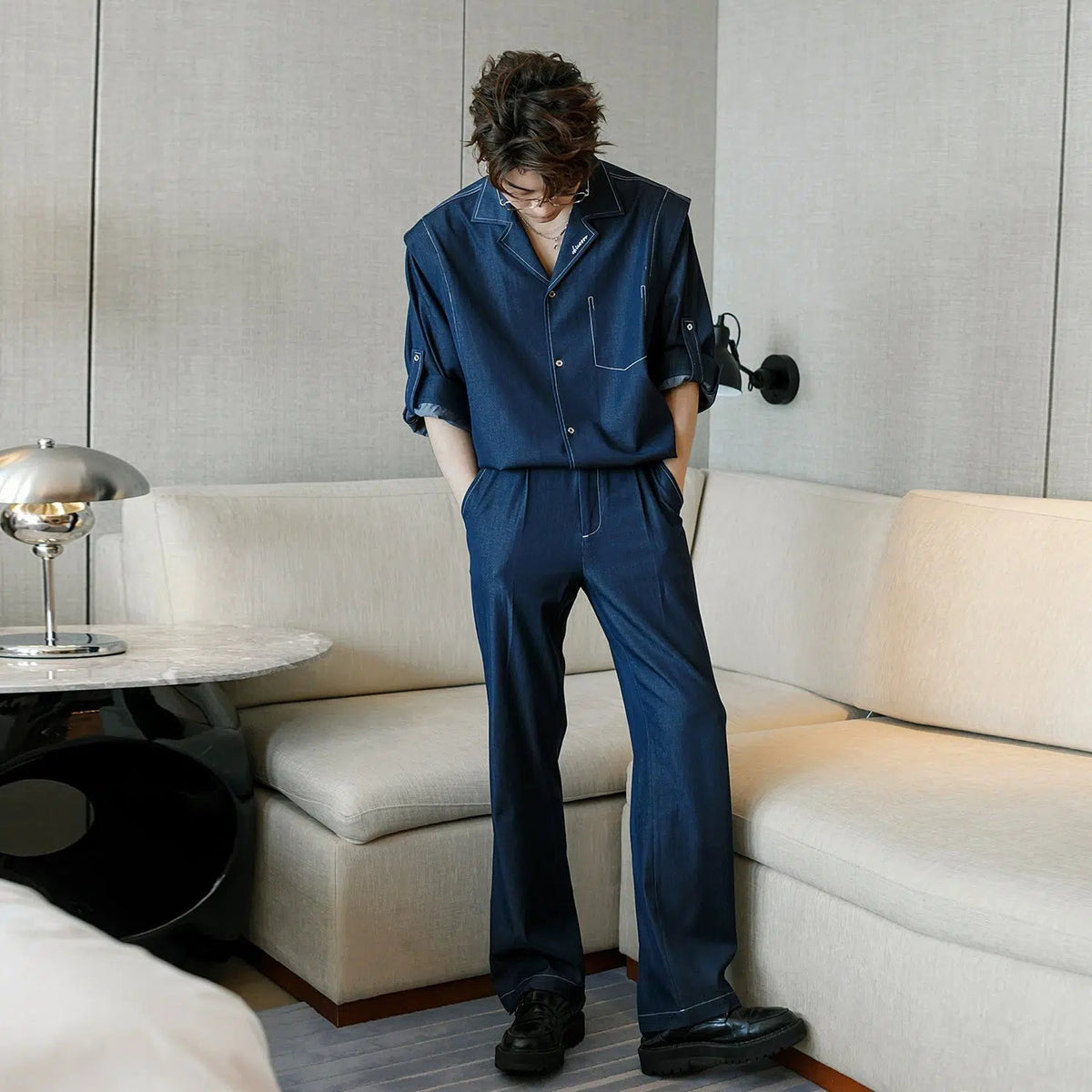 Cuban Collar Denim Shirt & Jeans Two-piece Set